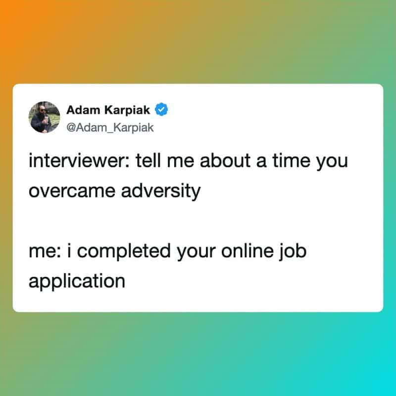 Twitter post by Adam Karpiak about overcoming adversity and online job application.