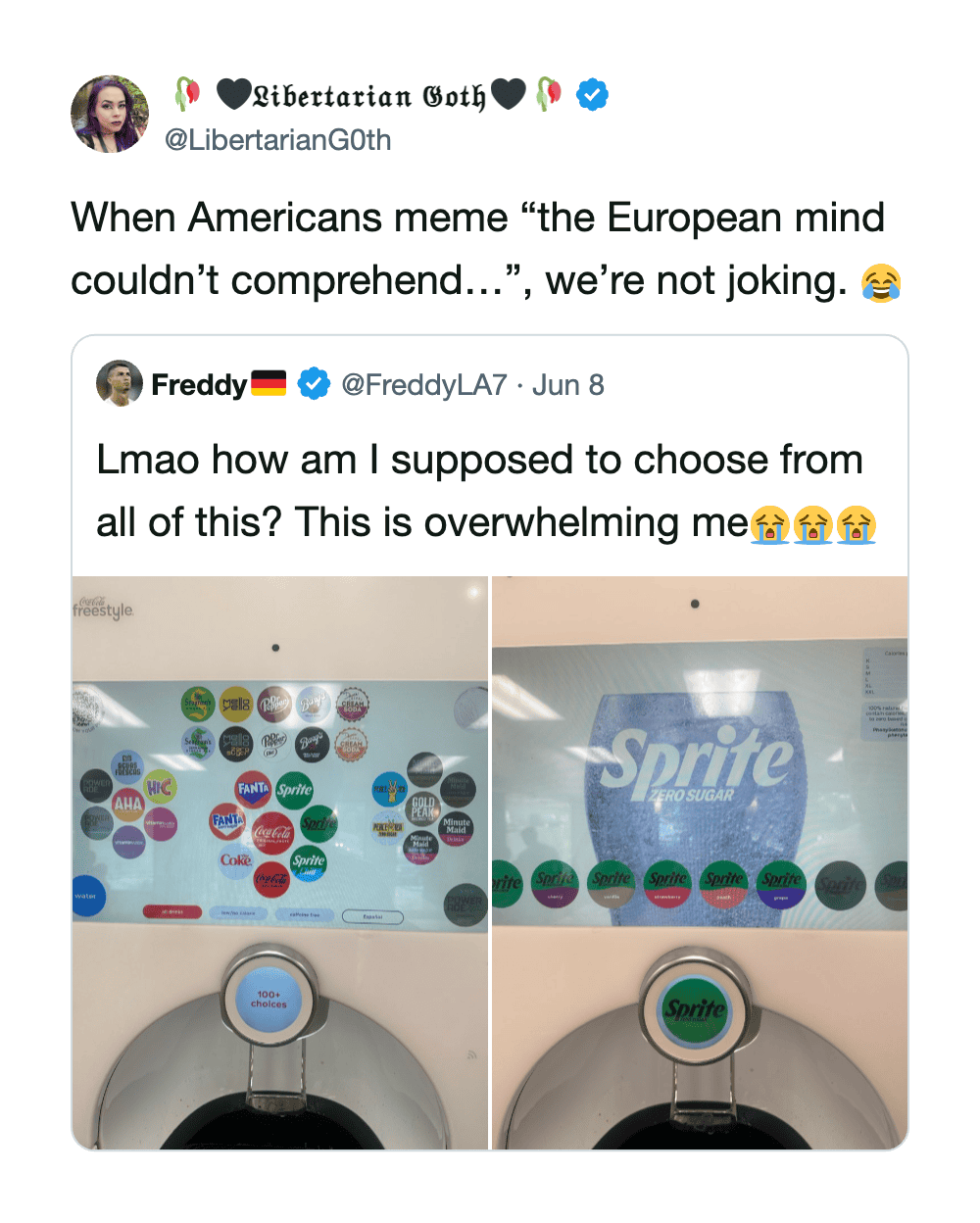 Memes about European and American soda preferences with Sprite and Coca-Cola.