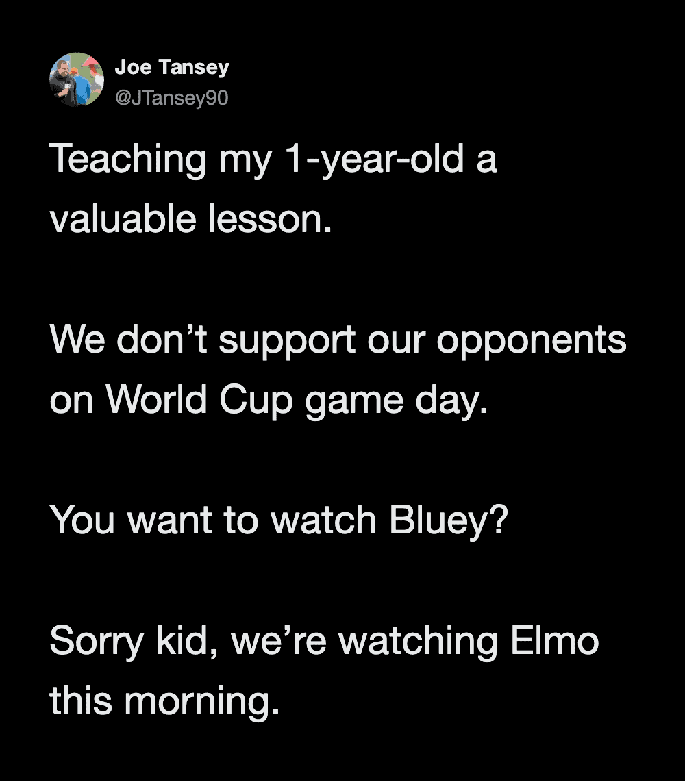 Twitter post about teaching a 1-year-old a lesson on World Cup game day.