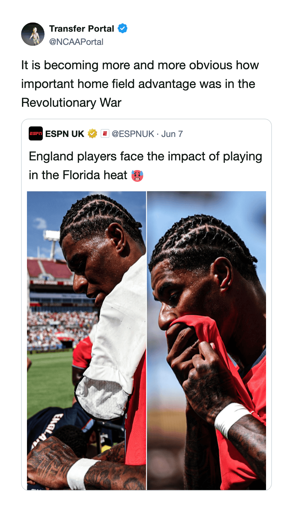 Two football players with braided hair on the field, one wiping sweat, the other with hands clasped.
