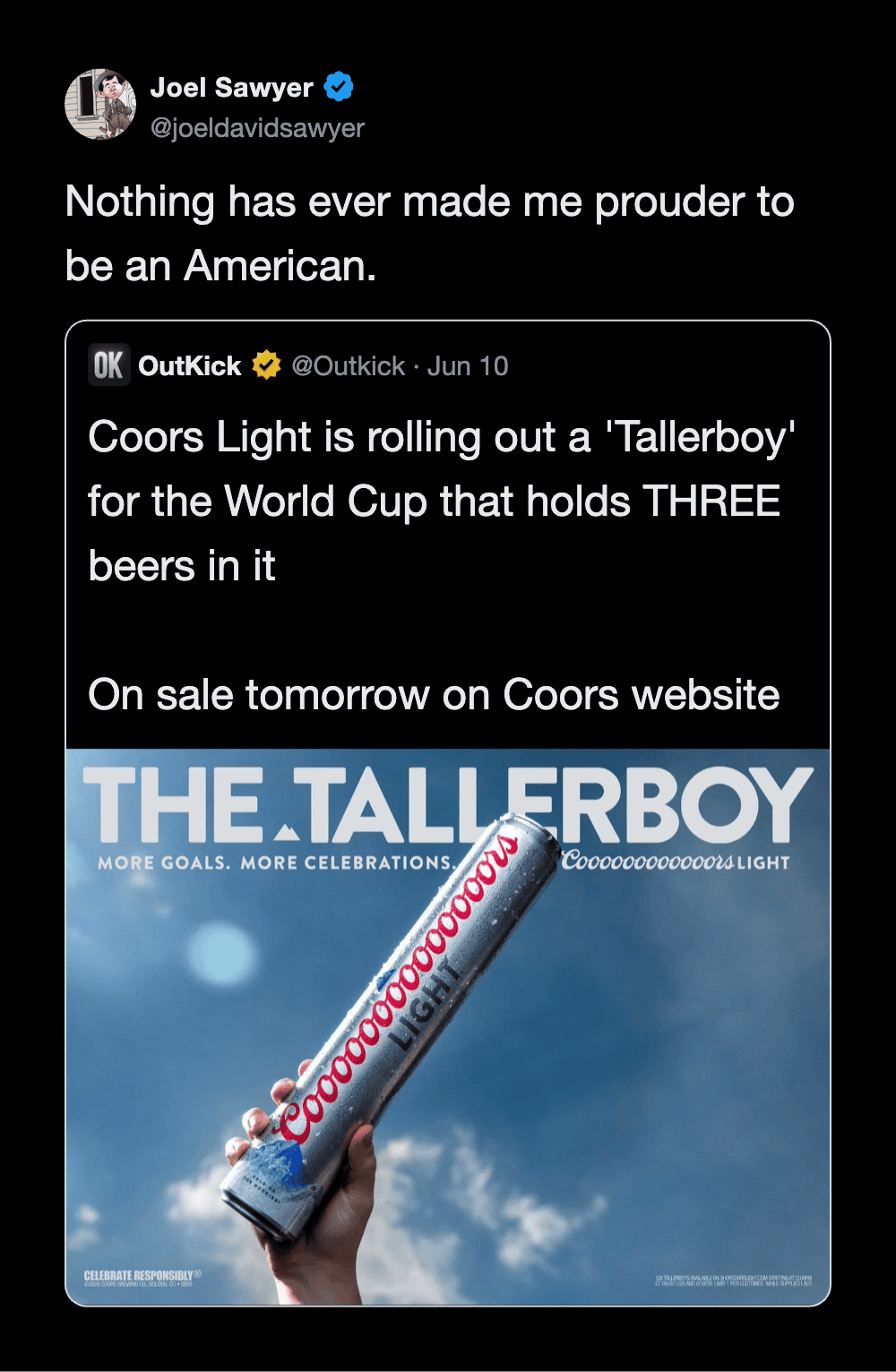 Joel Sawyer's tweet about being proud to be American, with a Coors Light ad for the World Cup.