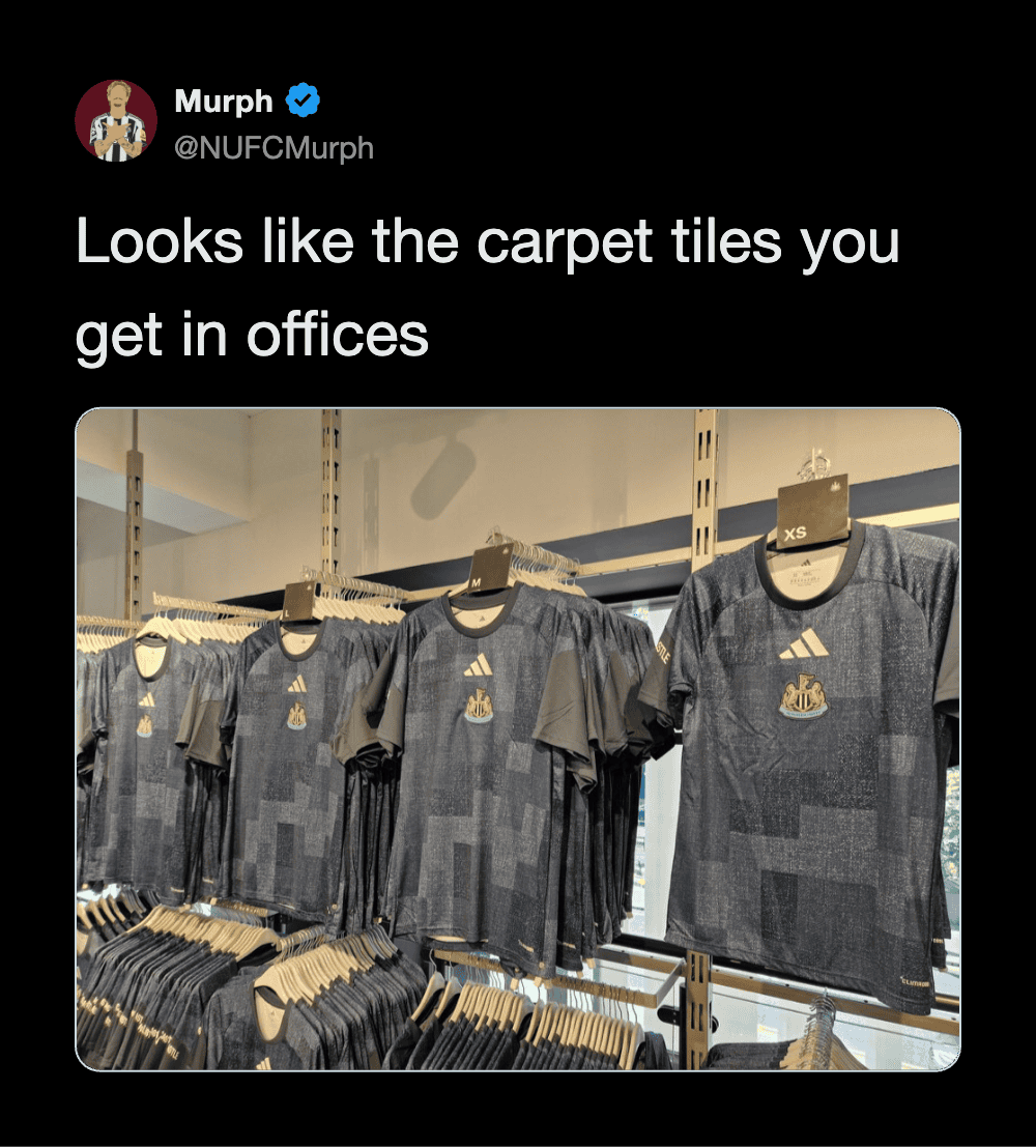 Twitter post by @NUFCMurph showing football shirts on display with caption about carpet tiles.