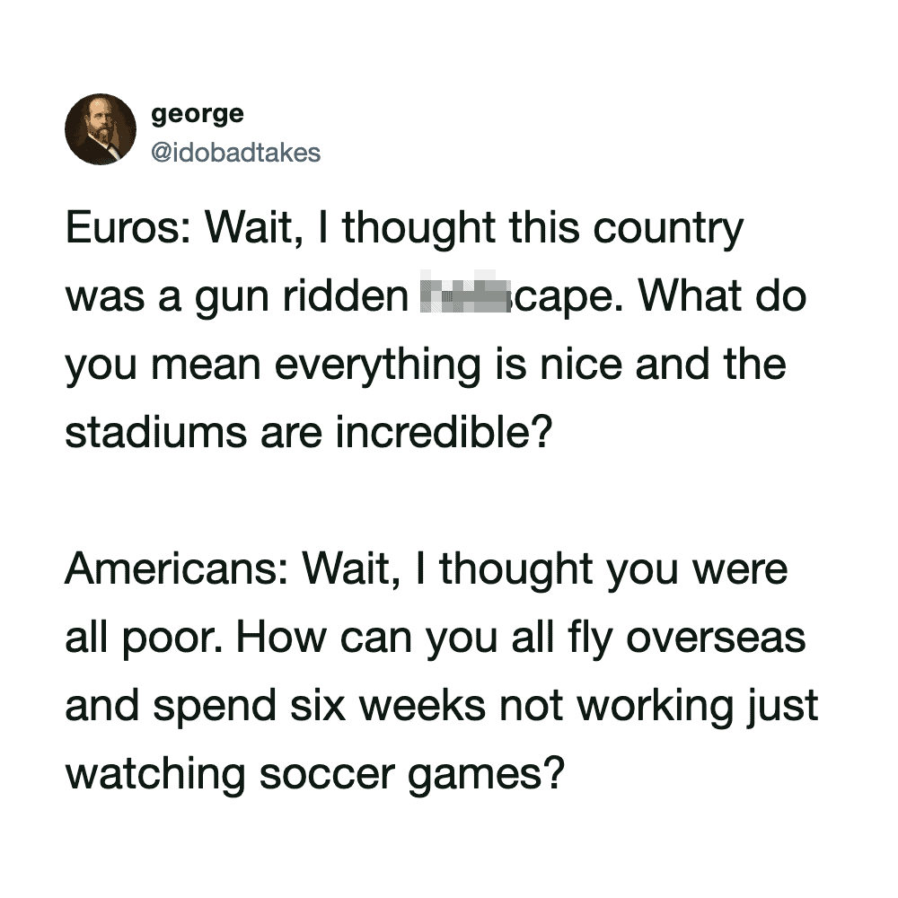 Twitter post comparing Euros and Americans' views on soccer and stadiums.