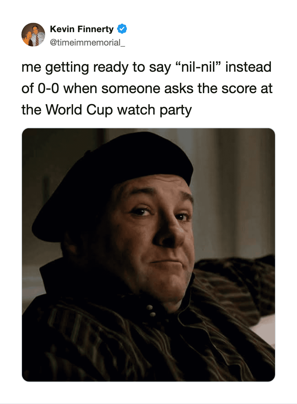 Kevin Finnerty's tweet about saying 'nil-nil' at the World Cup watch party.