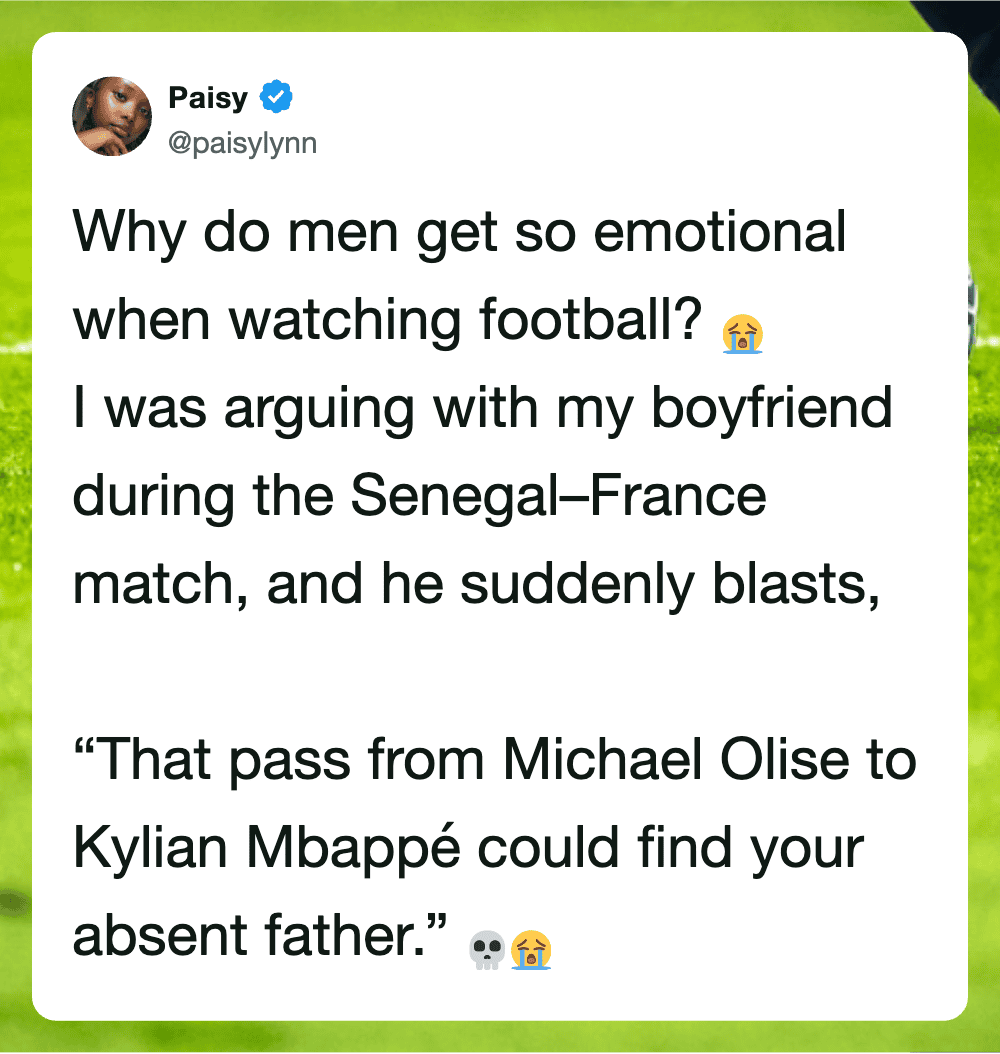 Twitter post by Paisy about men's emotional reactions during football matches.