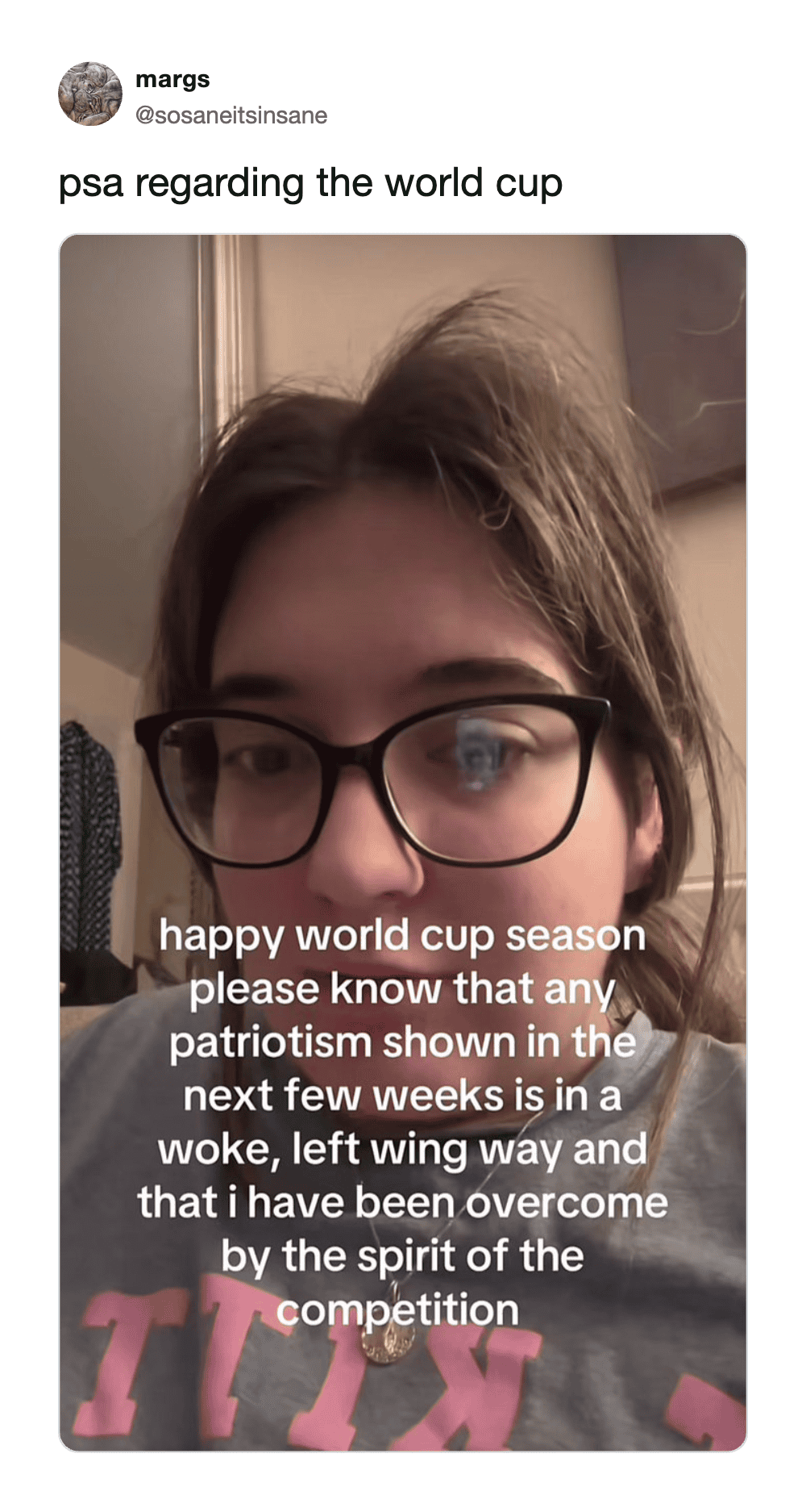 Girl with glasses and long hair, text about World Cup patriotism and spirit of competition.