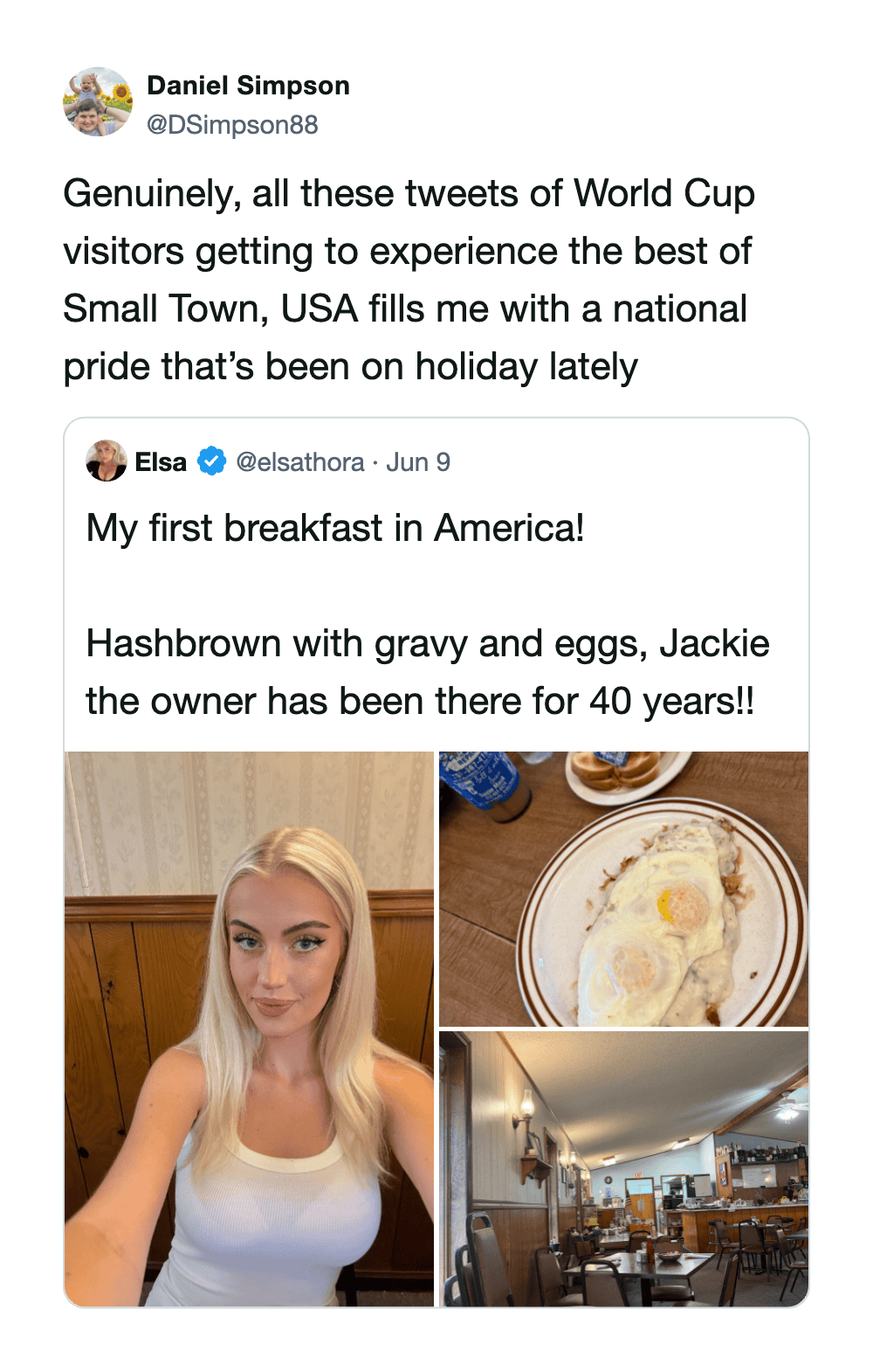 Screenshot of a tweet about World Cup visitors experiencing Small Town, USA, with photos.