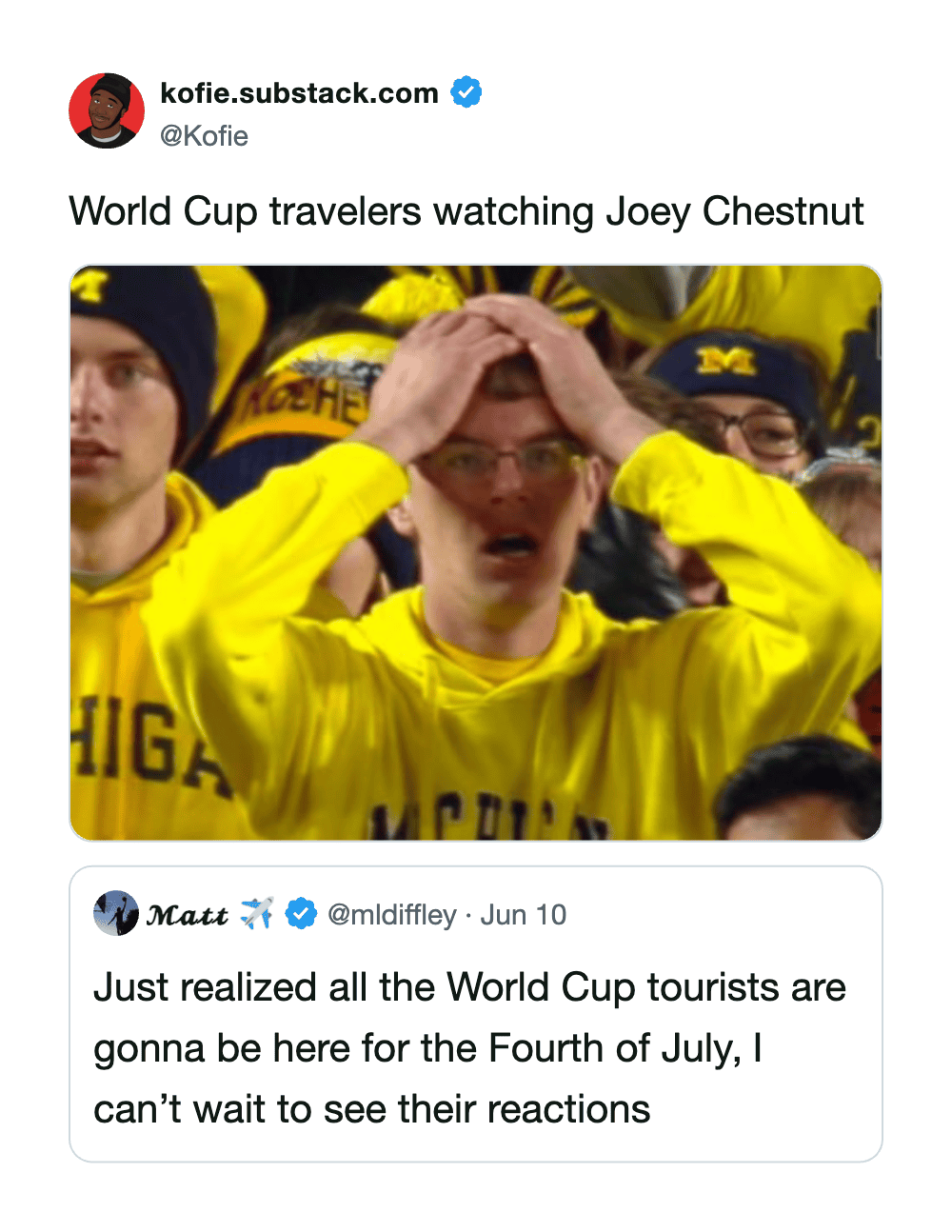 Person in yellow Michigan Wolverines hoodie with hands on head at World Cup match.