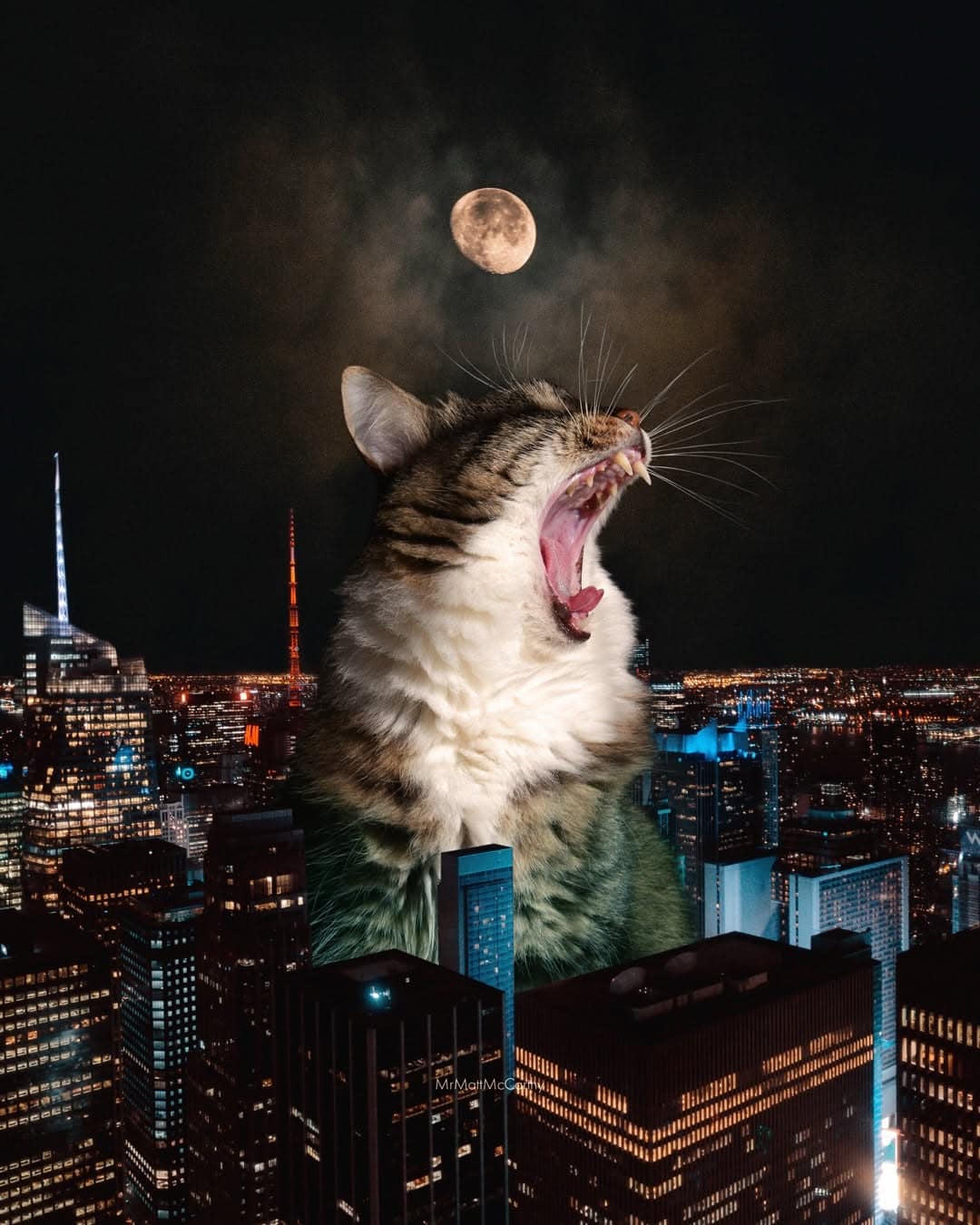Large cat yawning over city skyline at night with full moon.
