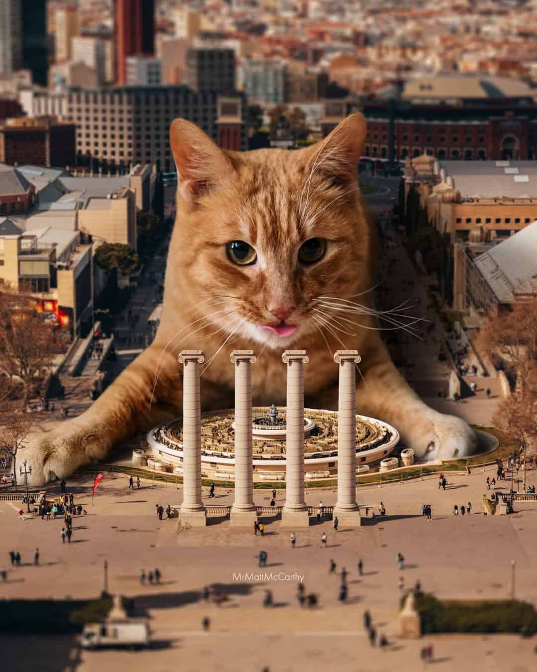 Giant orange cat with blue eyes in front of cityscape and ancient columns.