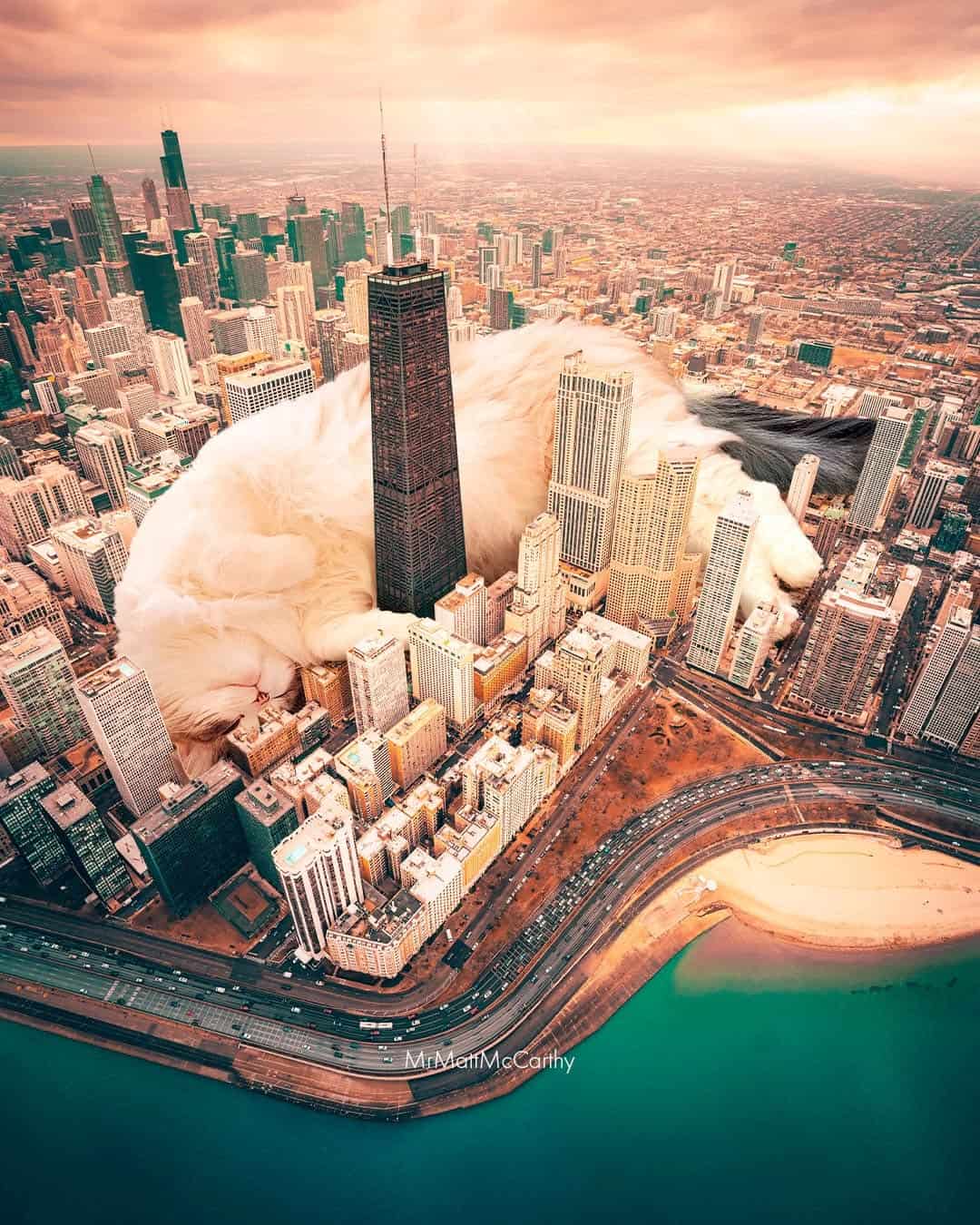Skyscraper amidst city buildings with a large cloud of dust or smoke, cityscape at sunset.