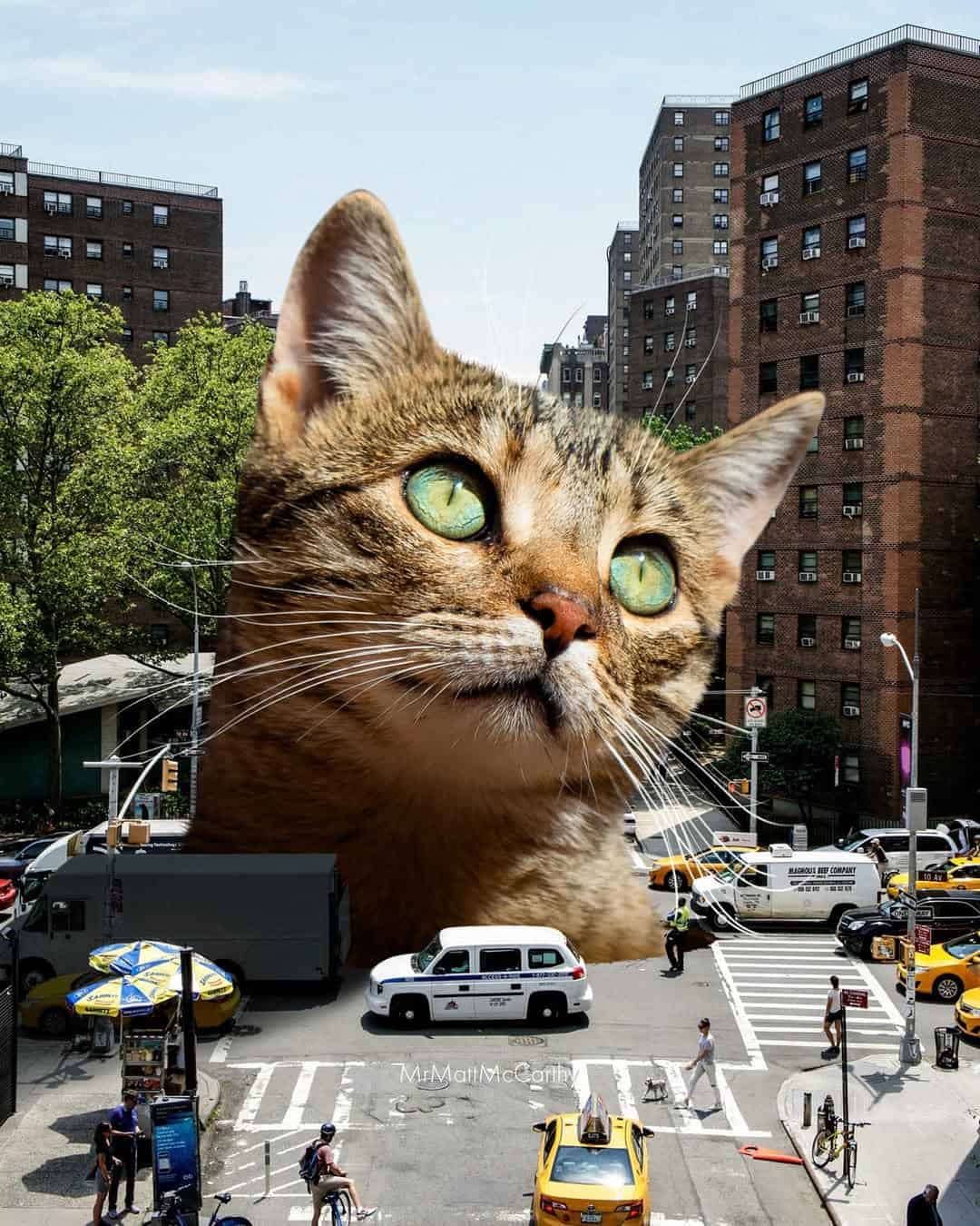 A giant cat with green eyes towering over a city street scene.