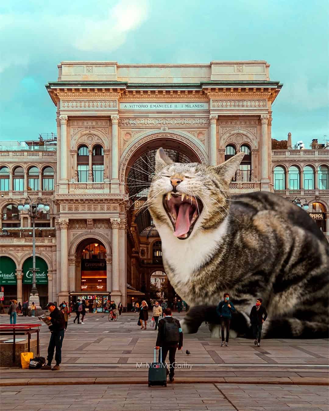 Giant cat in front of Galleria Vittorio Emanuele II, Milan, Italy.