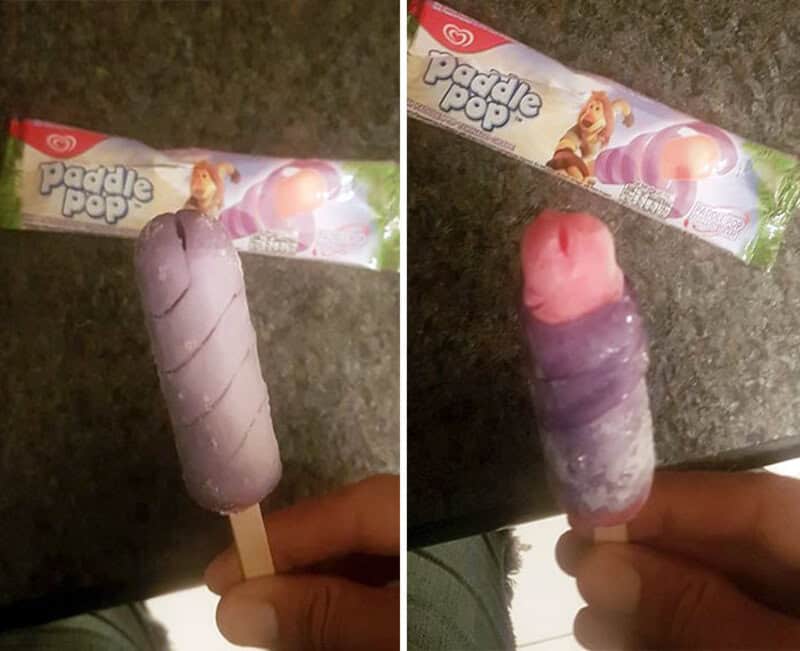 Ice cream bar with a poorly painted pink and purple swirl, resembling a failed design.
