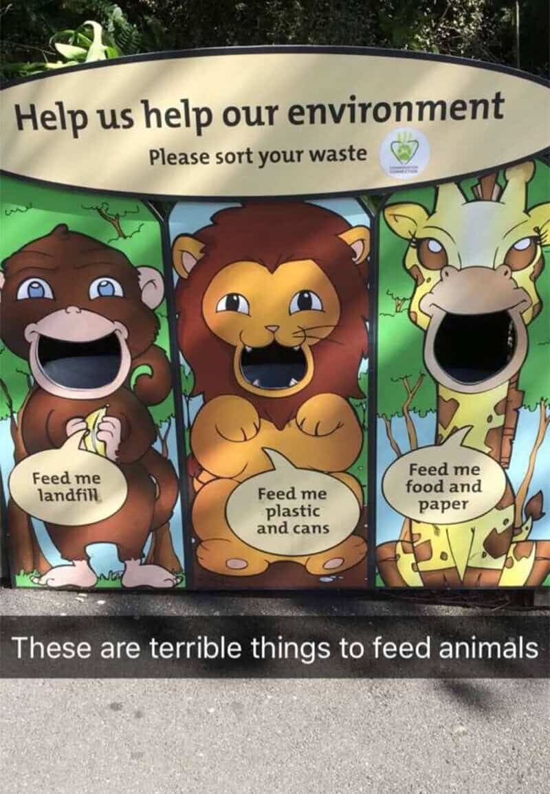 Help us help our environment Please sort your waste with animal characters.