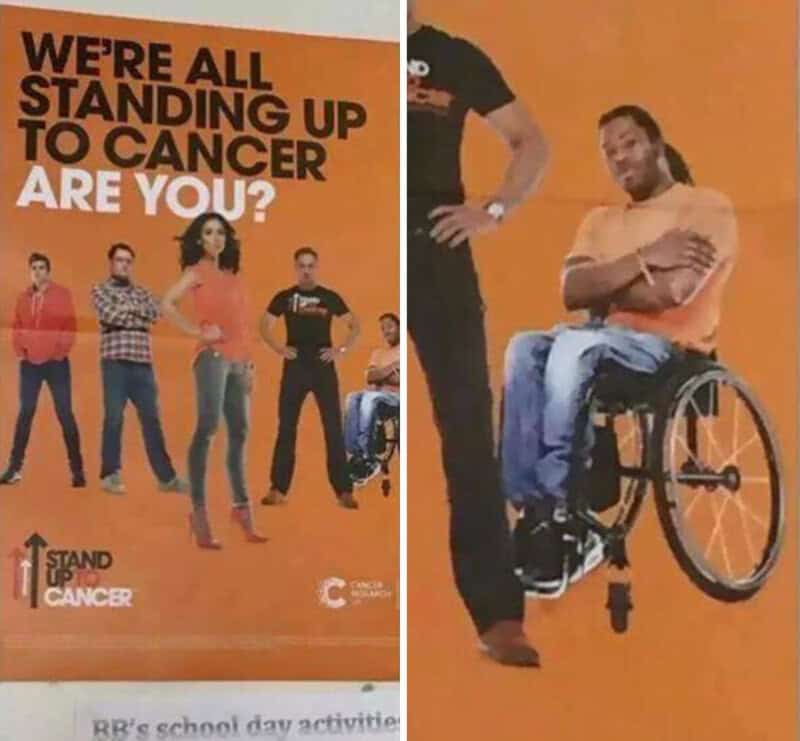 Hilarious design fail with a poster about cancer awareness and a person in a wheelchair.