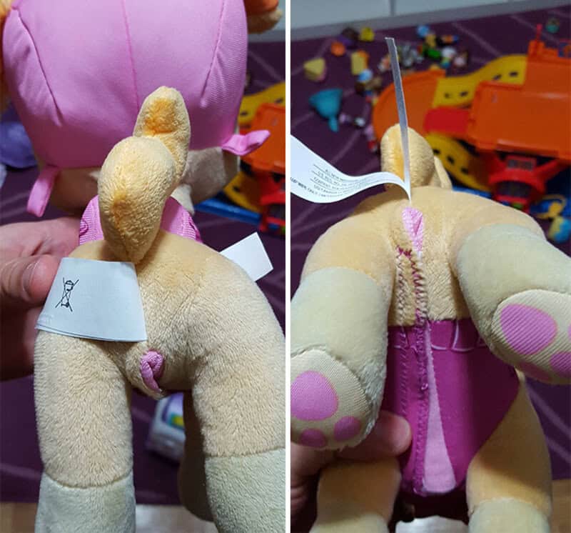 Hilarious plush toy with a zipper on its back, showing a design fail.