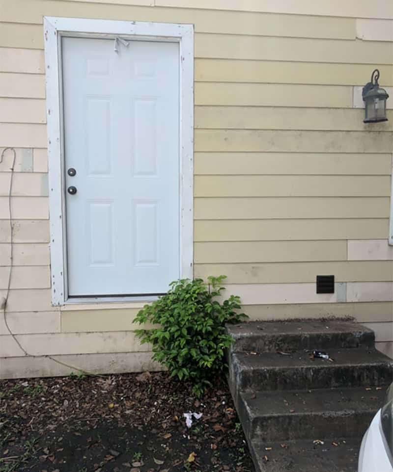 Door with a missing handle and a bush growing at the bottom, next to steps.