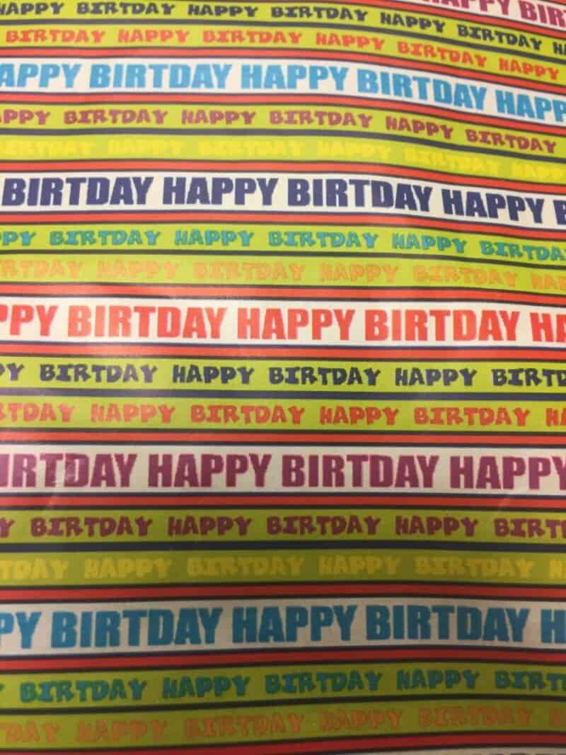 Colorful birthday banners with 'HAPPY BIRTHDAY' and 'BIRTHDAY' repeated in various colors.