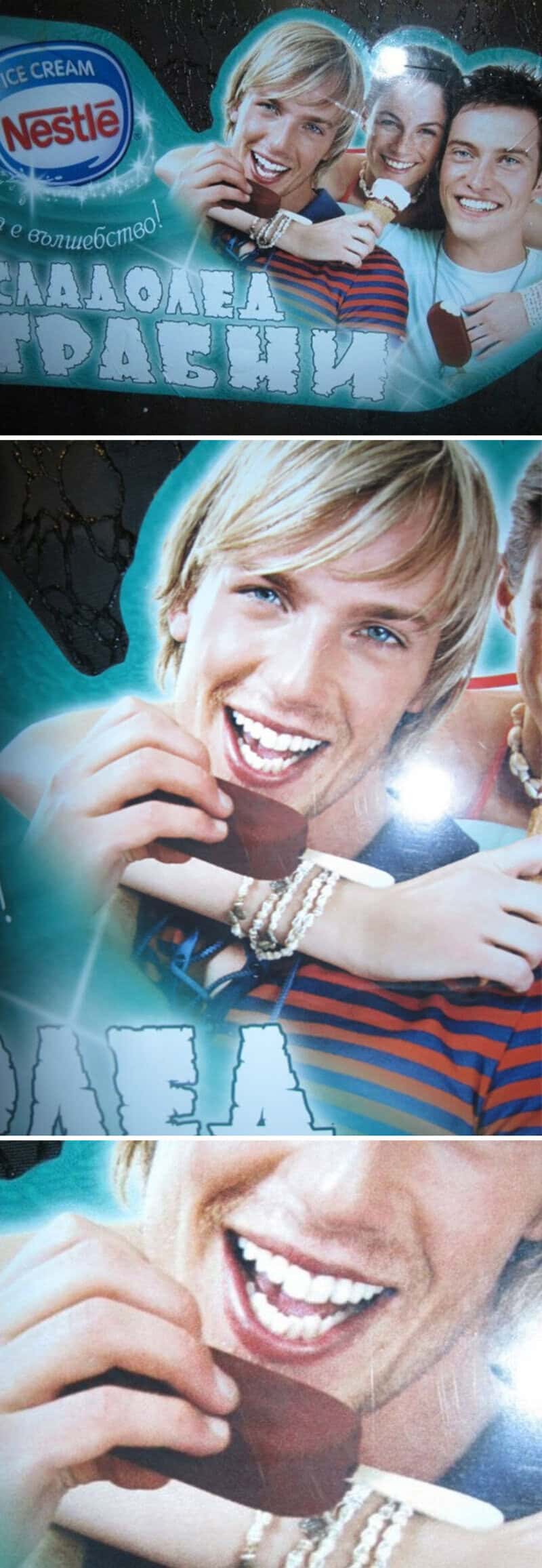 Hilarious design fail with a smiling young woman holding a phone and a man with a phone, both with a.