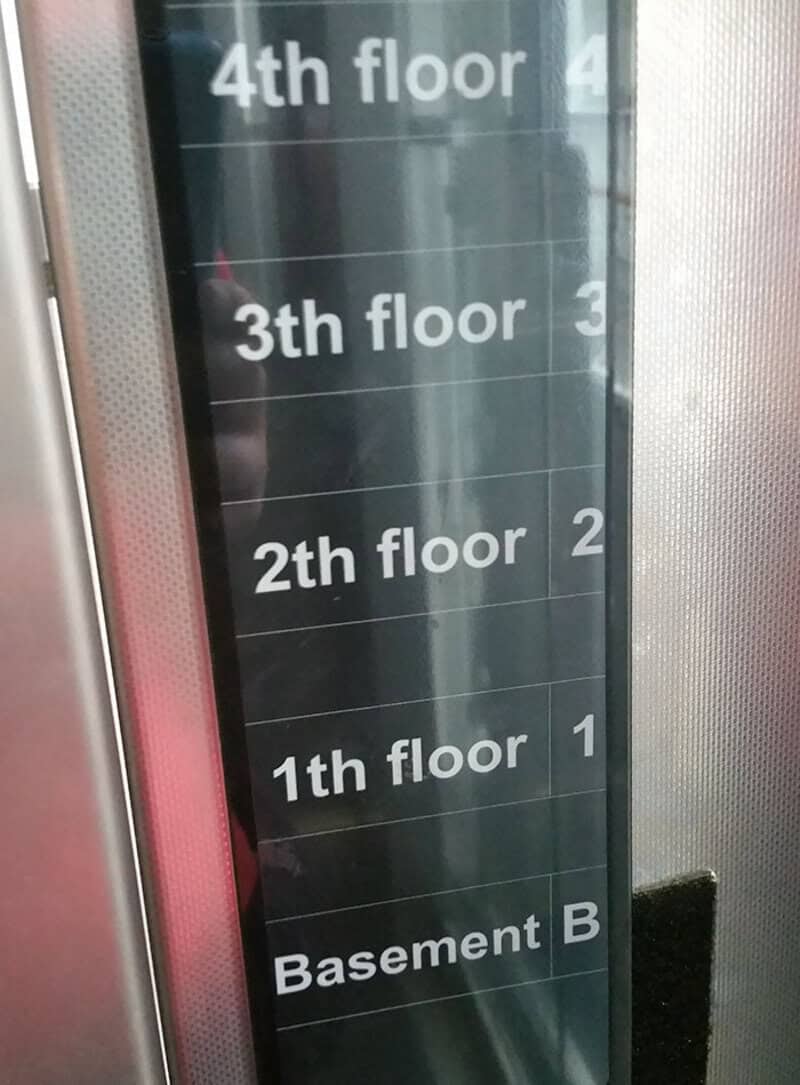 Elevator display showing floors 4, 3, 2, 1, and Basement B with a typo in 'Basement'.