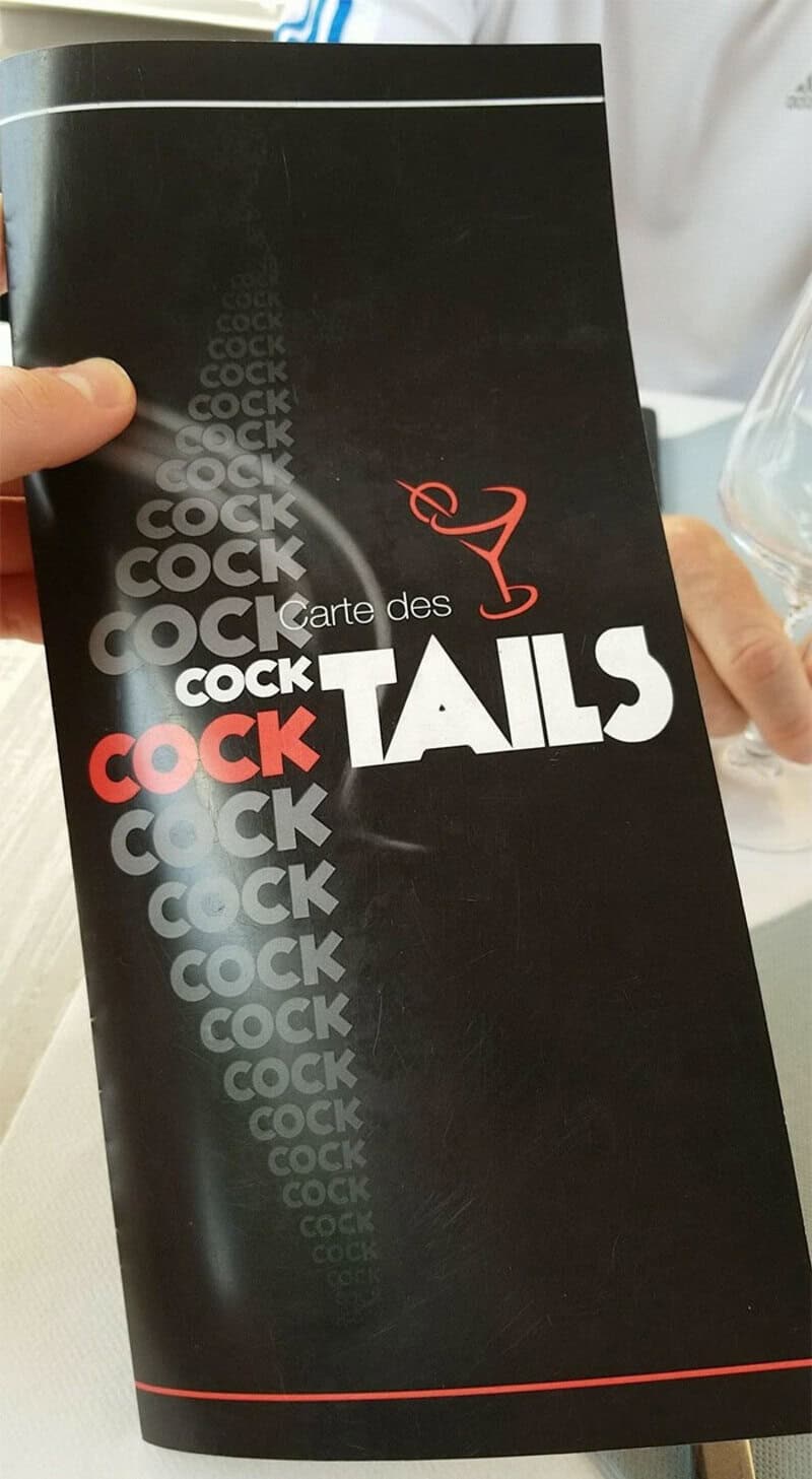 Menu cover with 'Carte des Cock Tails' and a cocktail glass illustration.