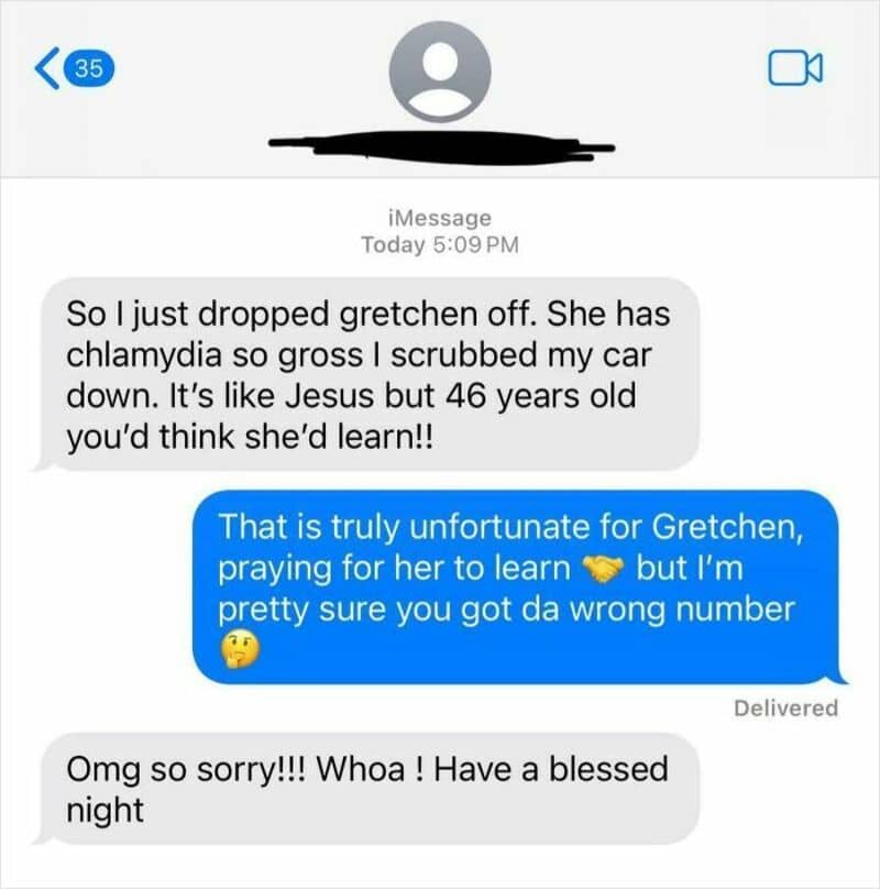 A woman texting about dropping Gretchen, who has chlamydia, and joking about her age and learning.