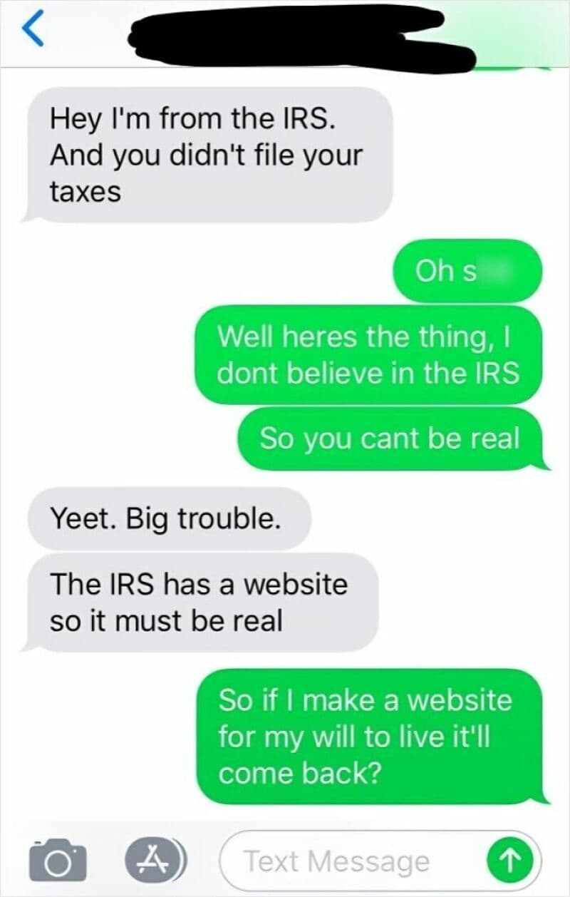 IRS agent texting about taxes and website skepticism.