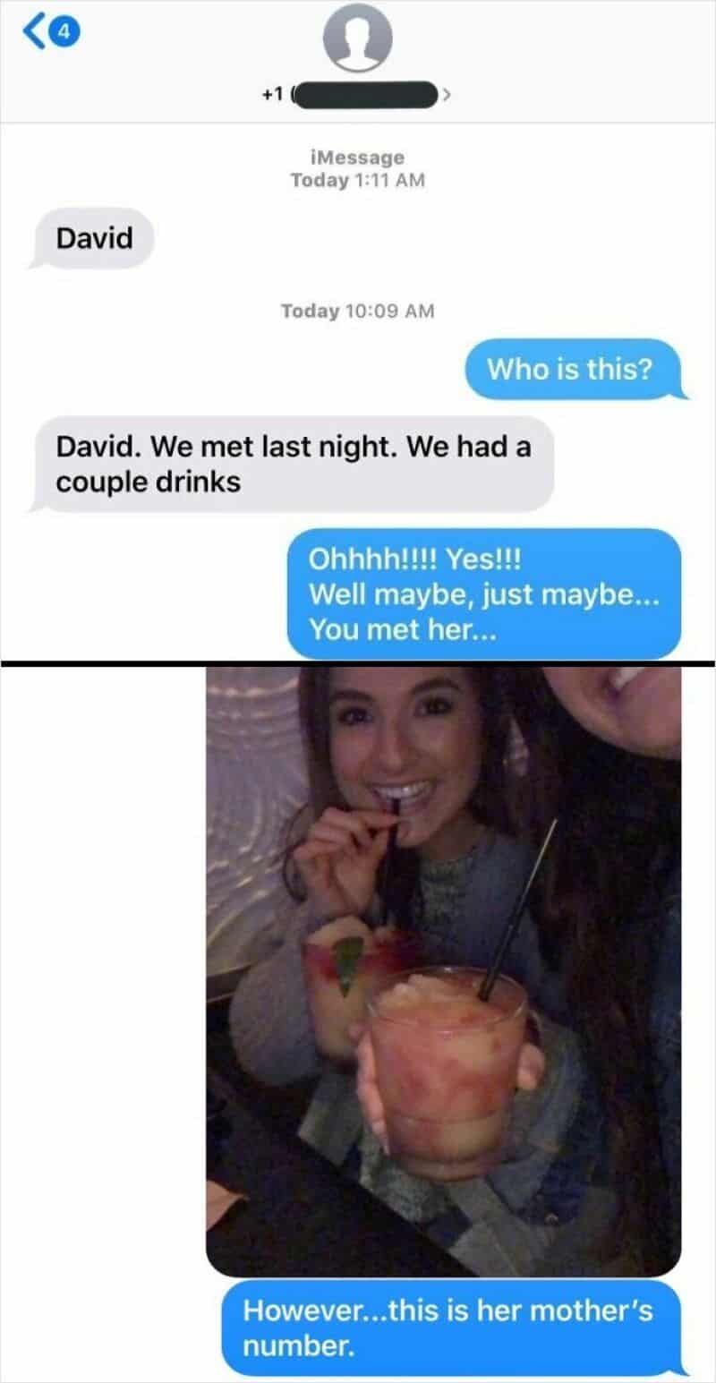 IMessage conversation screenshot showing a woman holding a drink and chatting about meeting someone.