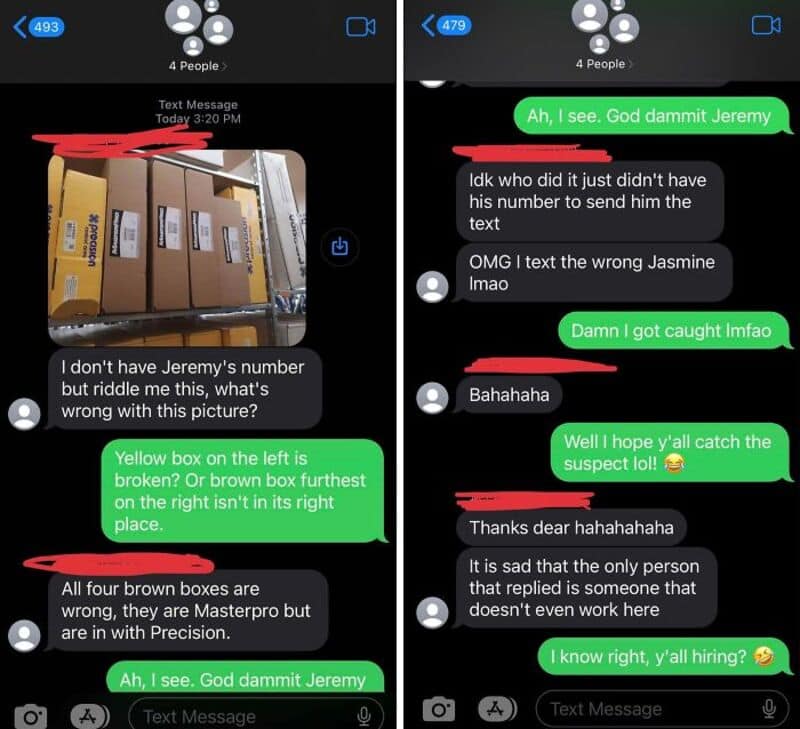 Conversation about broken boxes and a suspect with a humorous tone.