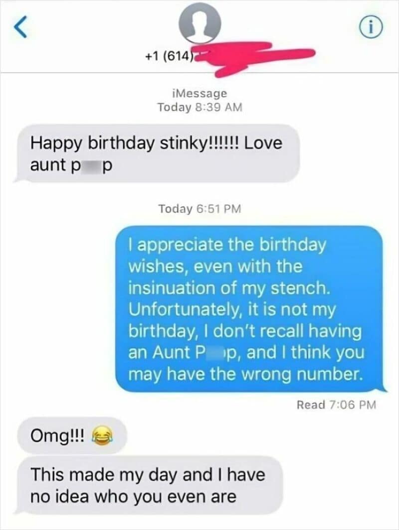 Happy birthday message and humorous response about a mistaken birthday wish.