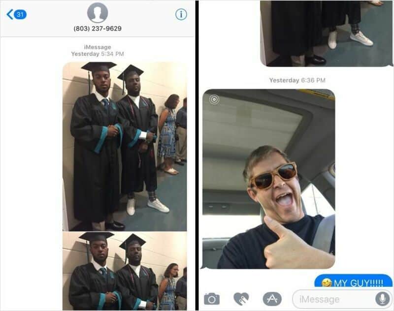 Two young men in graduation gowns and caps at a ceremony.