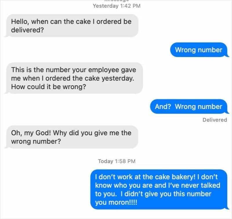 Conversation about cake delivery and wrong phone number issue.