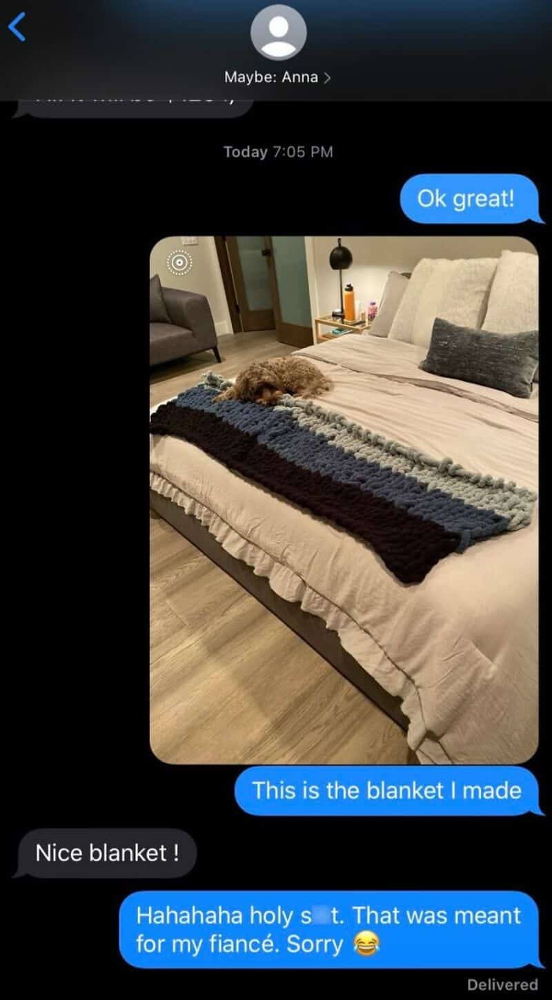 A cozy bedroom with a bed, blanket, and a dog lying on the bed.