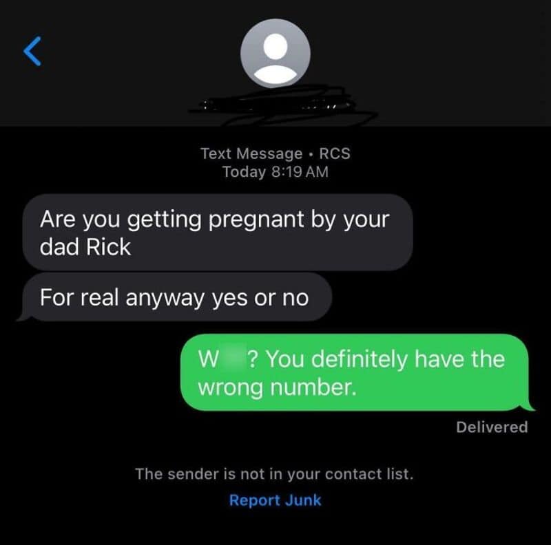 Text message conversation about pregnancy and wrong number.