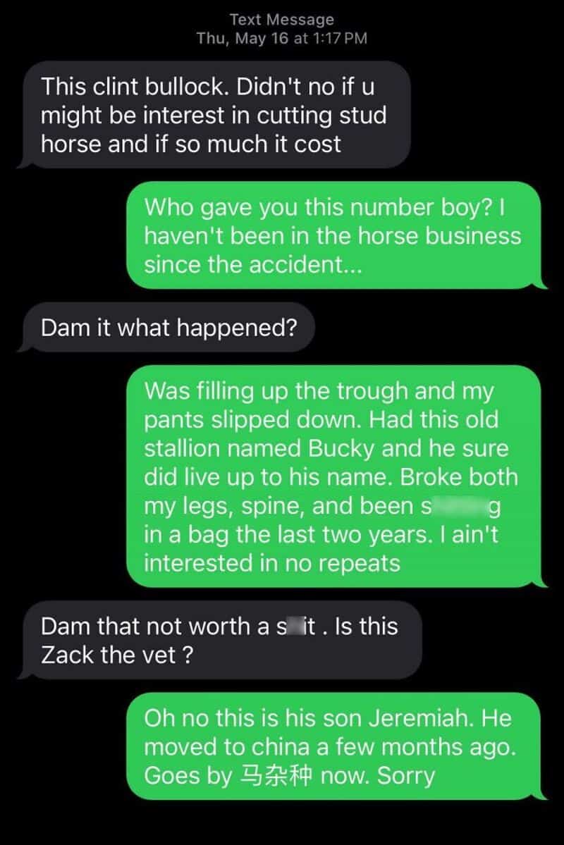 "Text message conversation about a horse accident and a horse named Bucky, mentioning a son named Je.