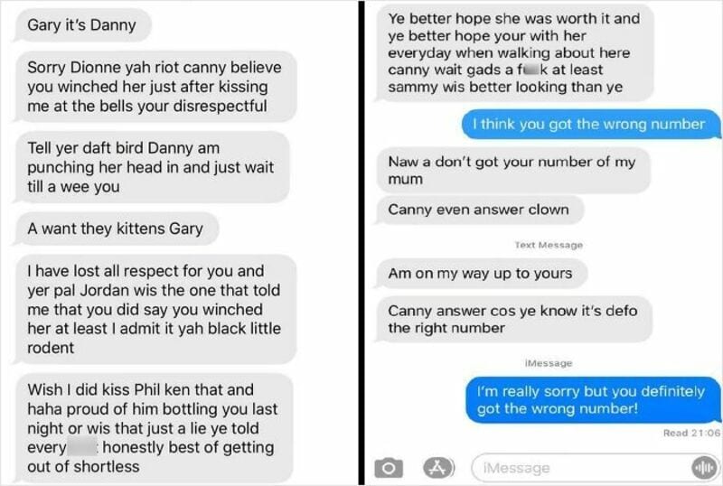 Text message conversation between multiple people discussing a mistaken phone number and personal co.