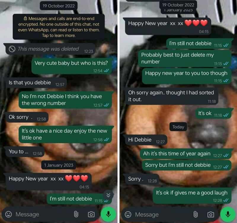 WhatsApp chat with messages about a baby, New Year, and Debbie, with timestamps and emojis.
