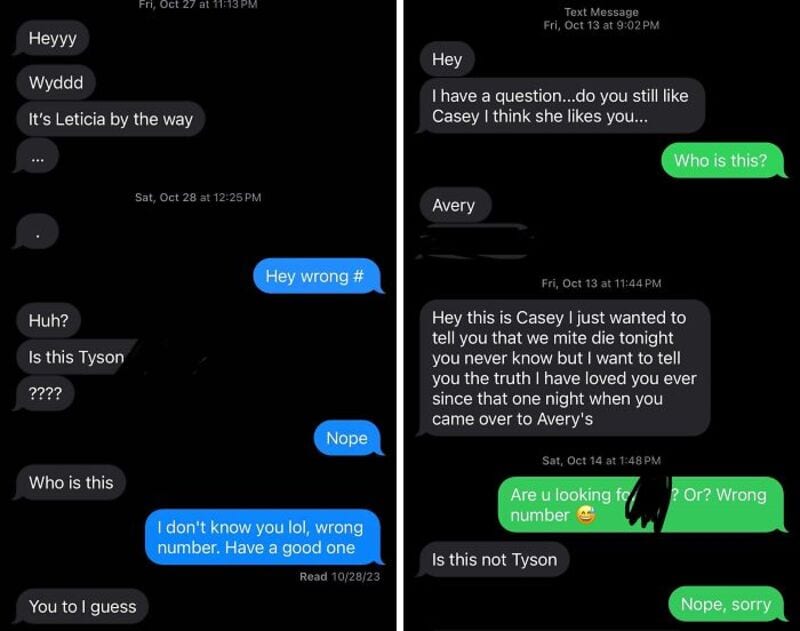 Text message conversation about Casey, Tyson, and a wrong number, with confusion and apologies.
