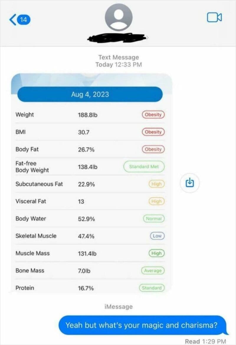 188.8lb weight, BMI 30.7, body fat 26.7%, fat-free body weight 138.4lb, subcutaneous fat 22.9%, visc.