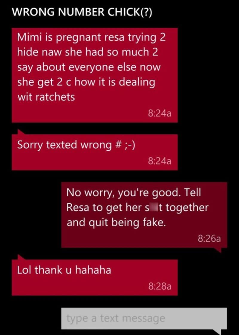 "Wrong number chick? Text conversation about pregnancy and fake messages".
