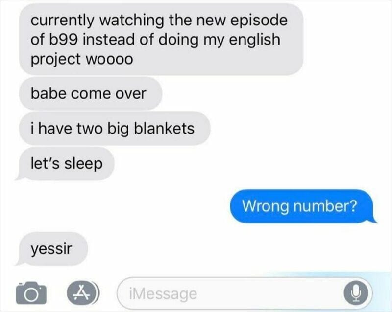 Conversation screenshot with messages about watching B99 and sleeping.