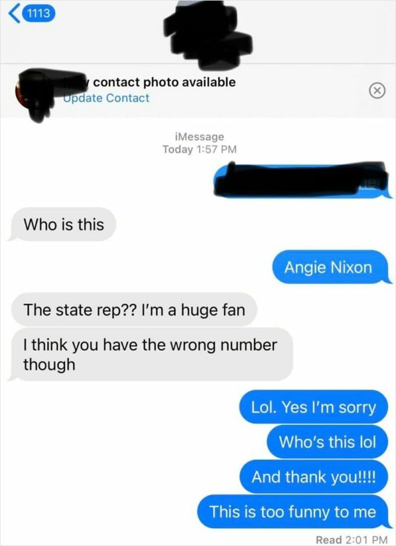 Conversation screenshot with messages about a mistaken identity and humor.