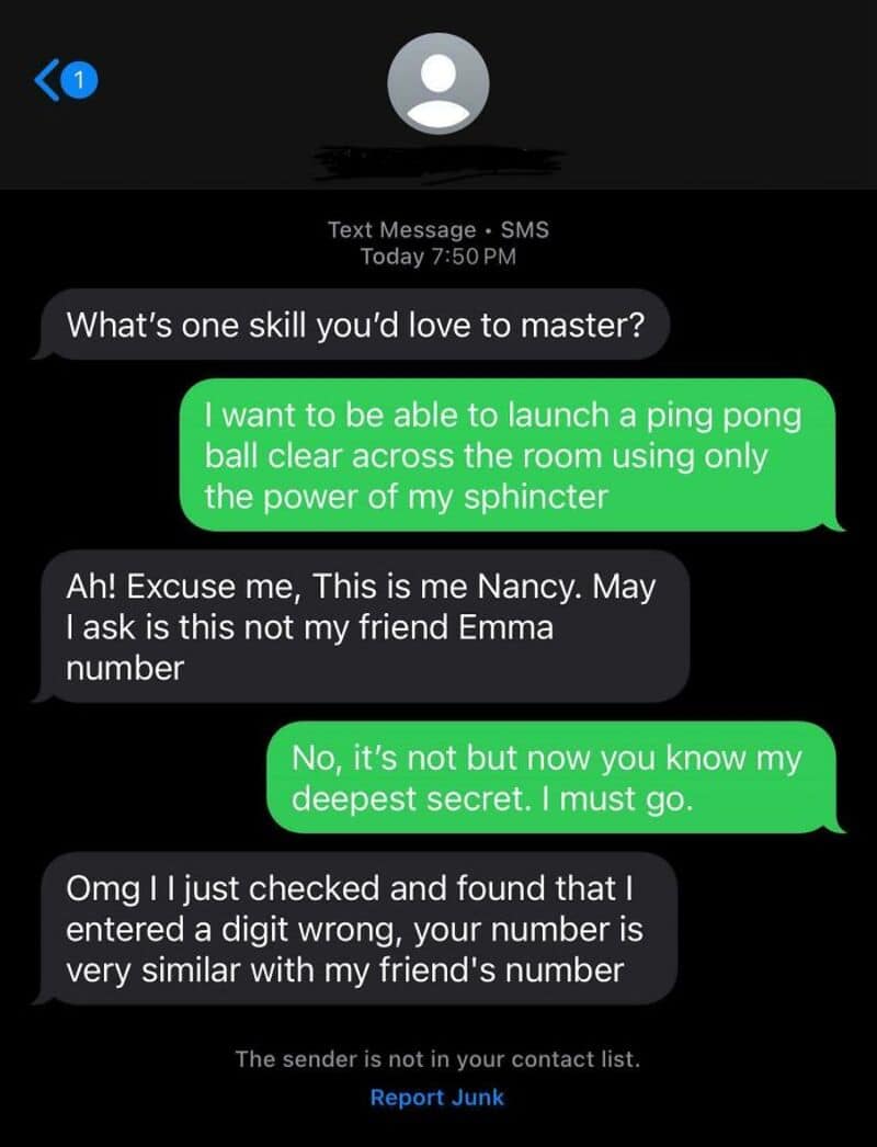 Conversation screenshot with a ping pong secret and mistaken number.