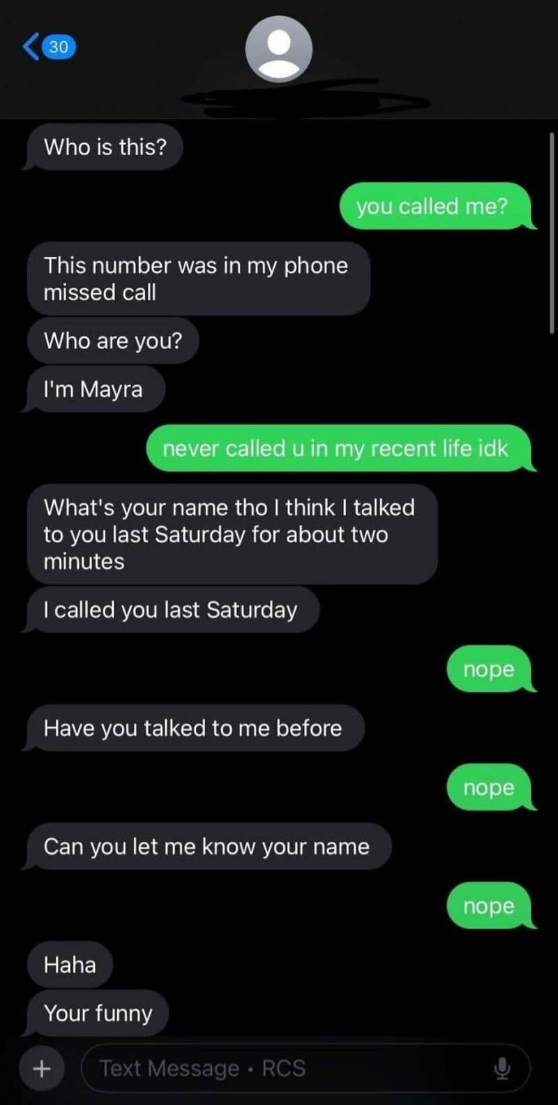 "Text message conversation between two people discussing missed calls and not knowing each other's n.