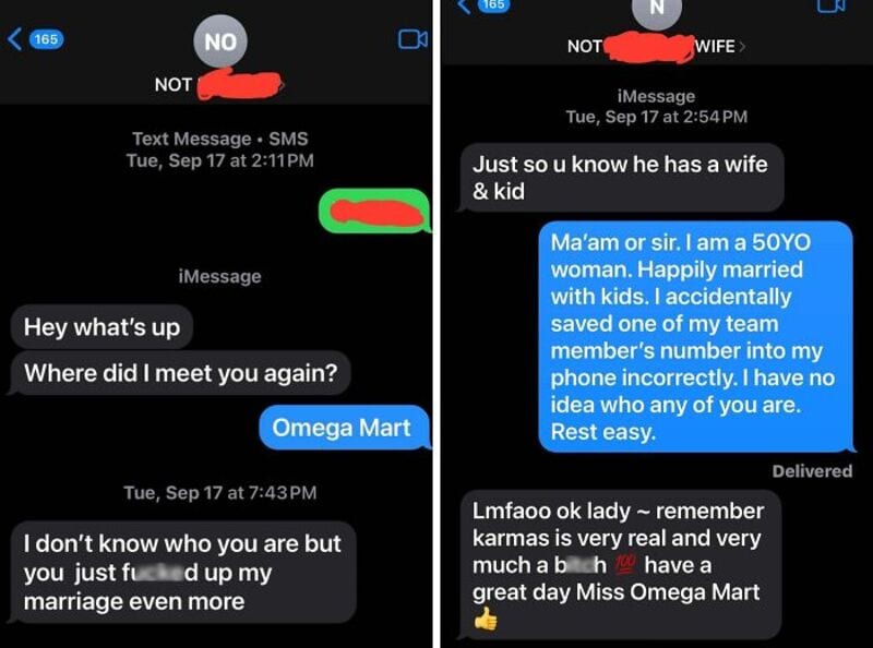 Conversation screenshot showing messages about a married woman and her husband.