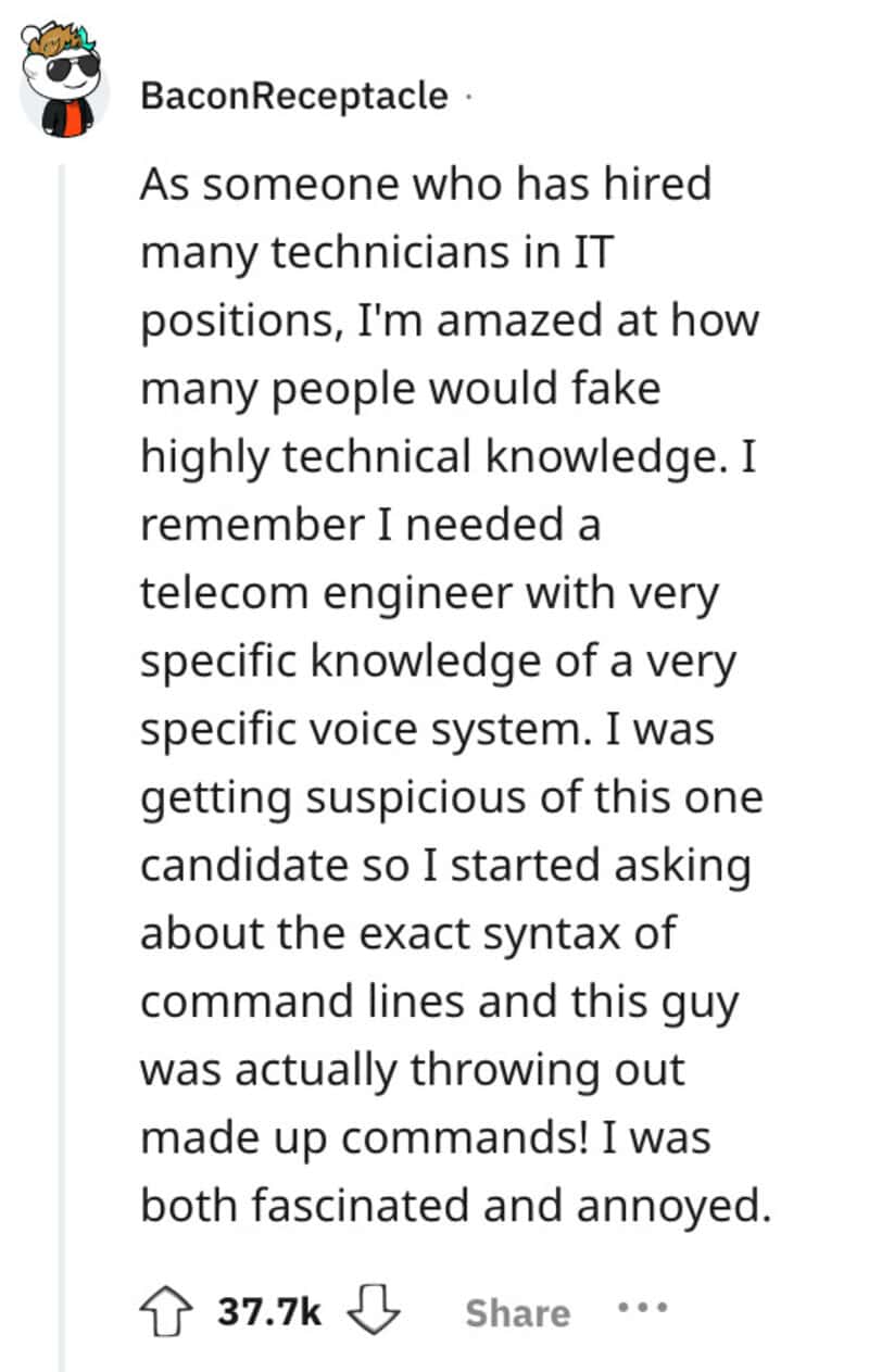 "Quote about faking technical knowledge in IT hiring, mentioning telecom engineer and command syntax.