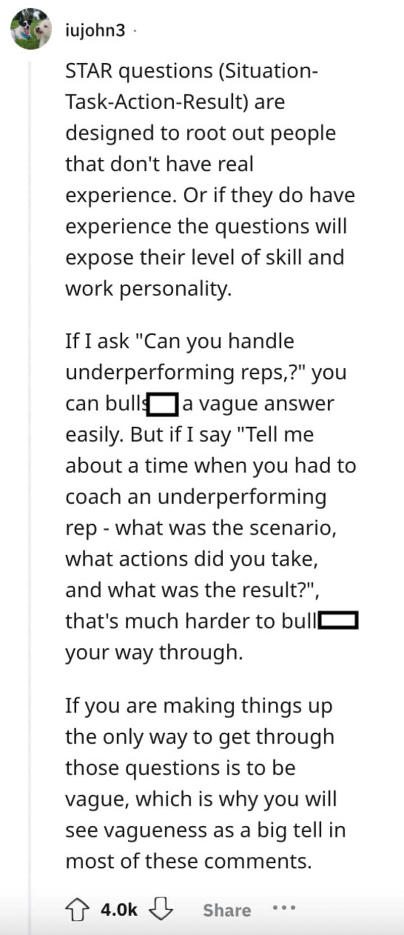 STAR questions (Situation-Task-Action-Result) designed to assess underperforming reps.
