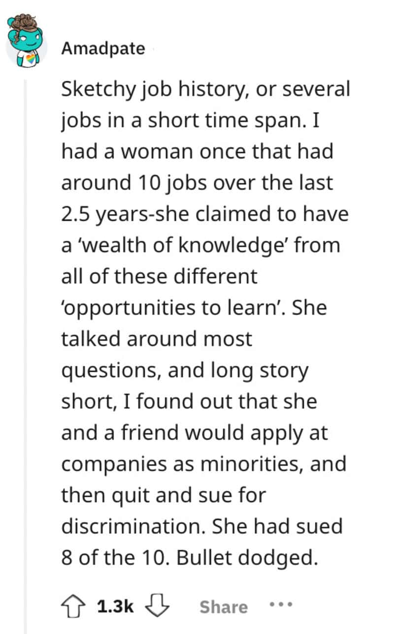 "Sketchy job history with multiple jobs over 2.5 years, woman claims to have knowledge from various.