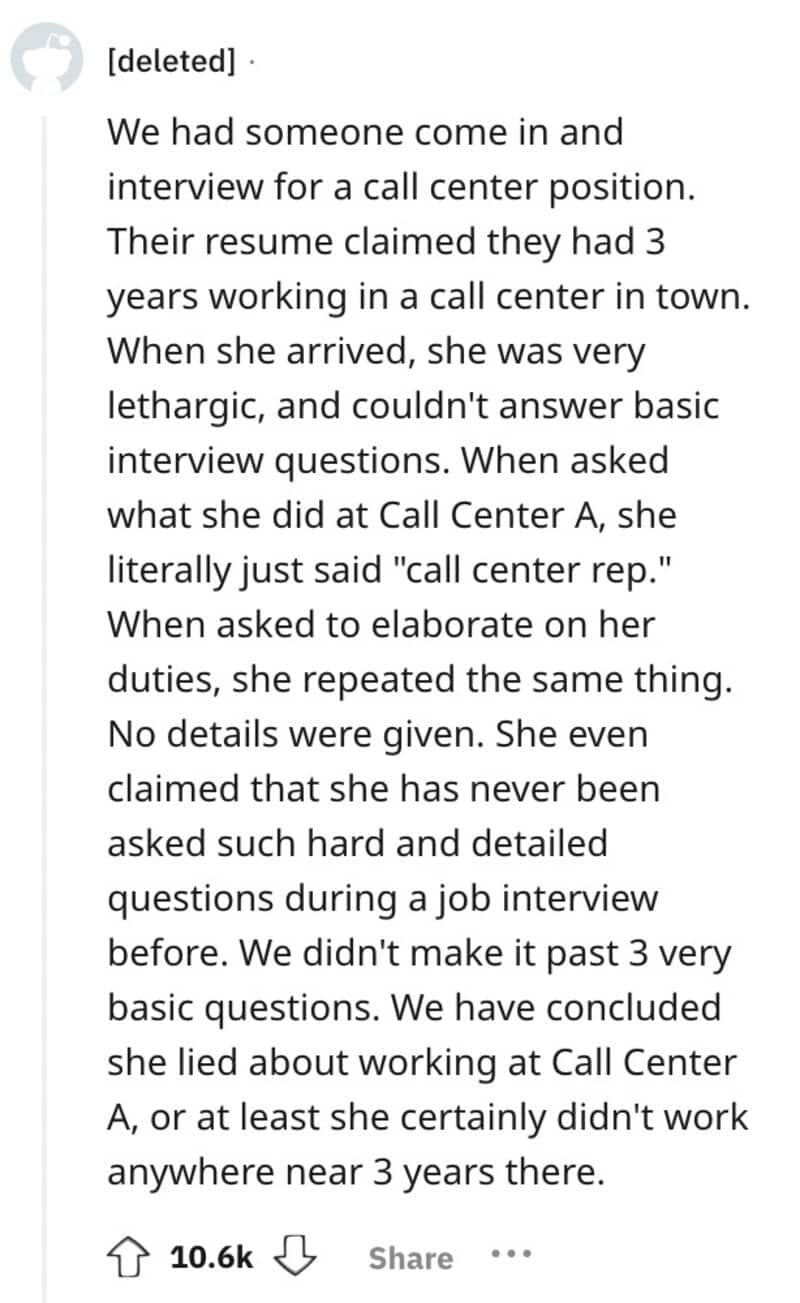 Lethargic woman at call center interview, claiming 3 years experience, lying about job history.